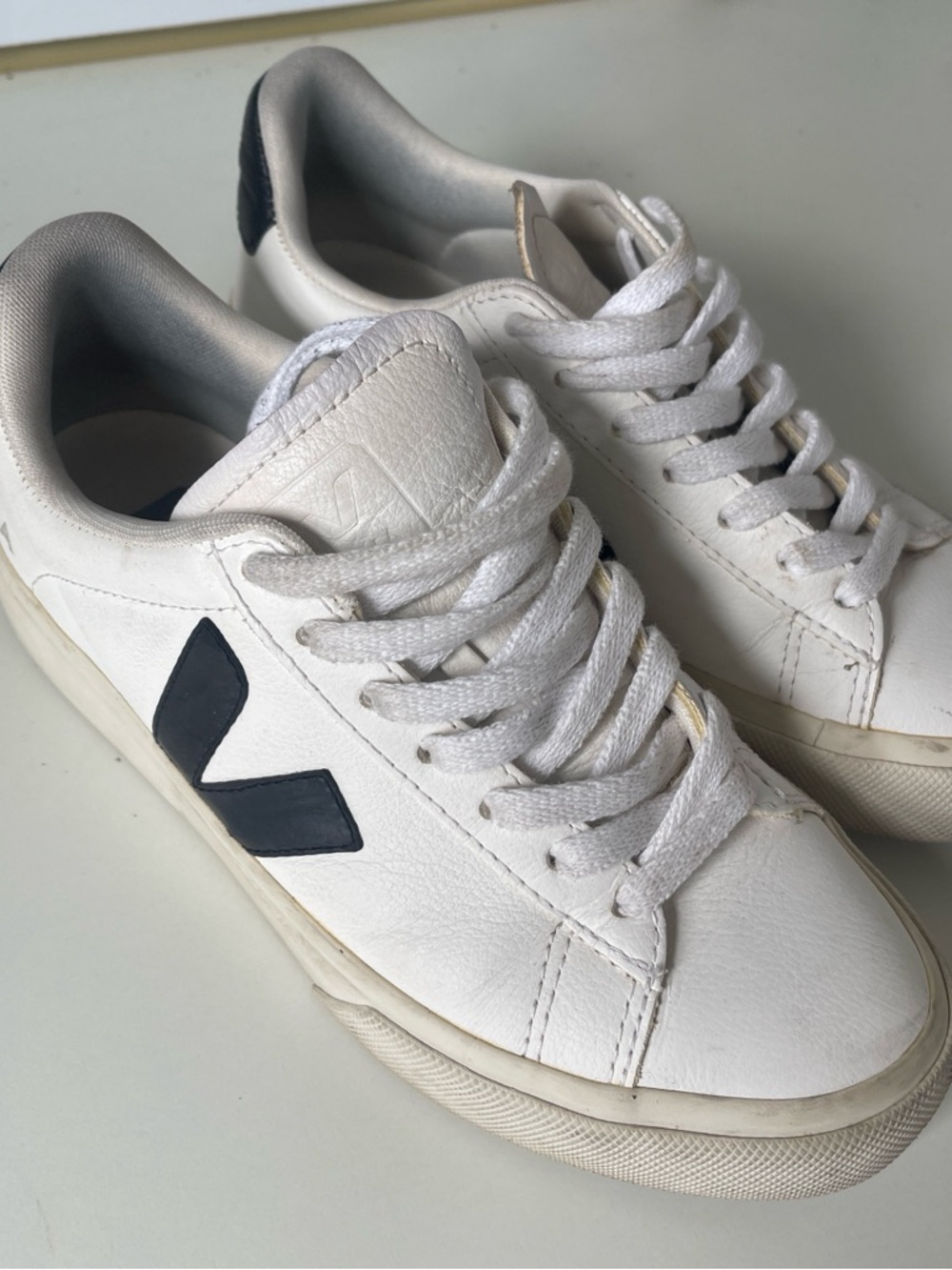 Veja Campo White Leather Sneakers with Navy V Accent - Picture 2 of 7